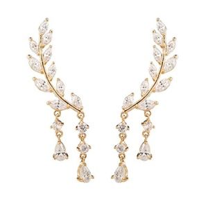 Gold/Silver Tone CZ Leaf Branch Dangle Earrings